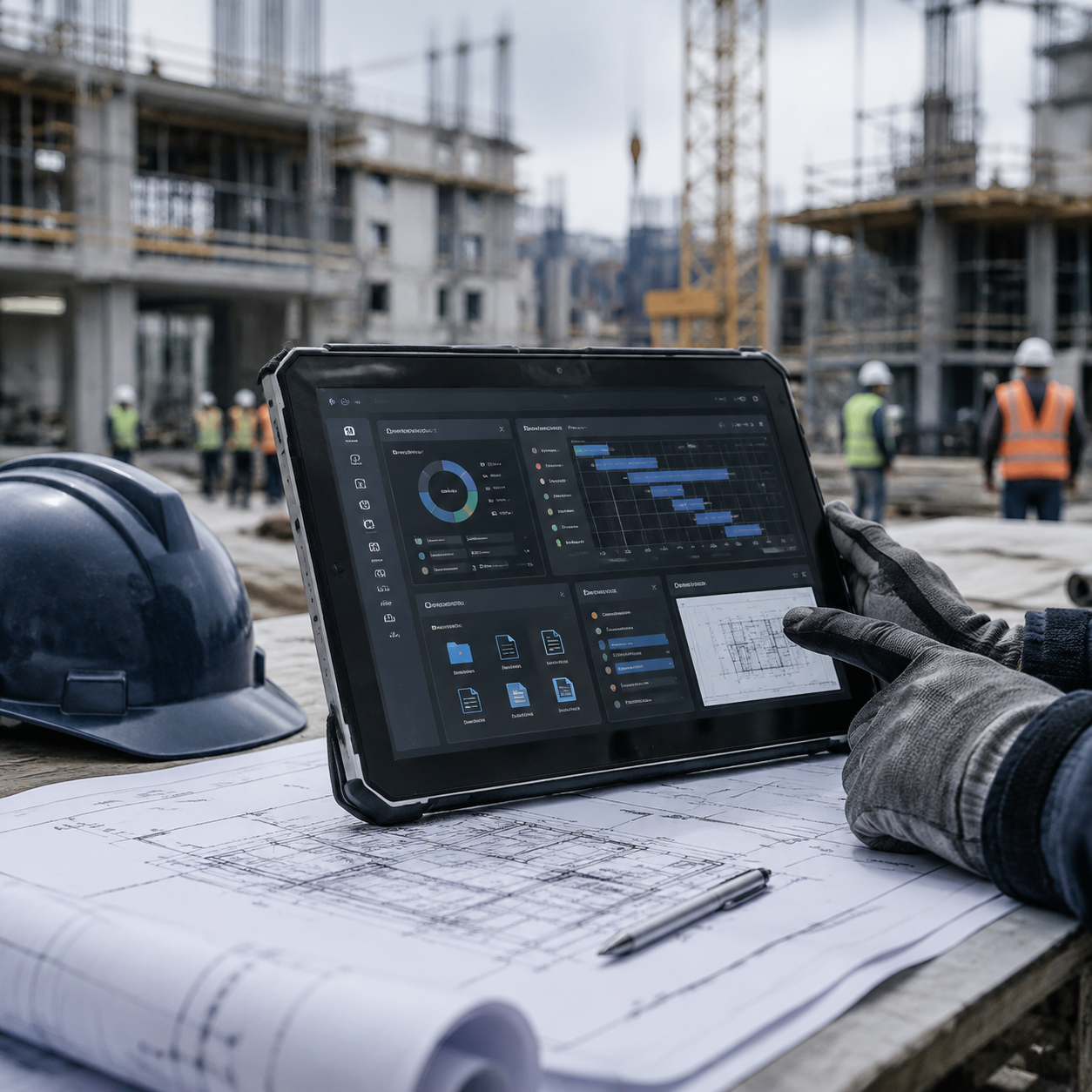 Construction project management system used at an active building site