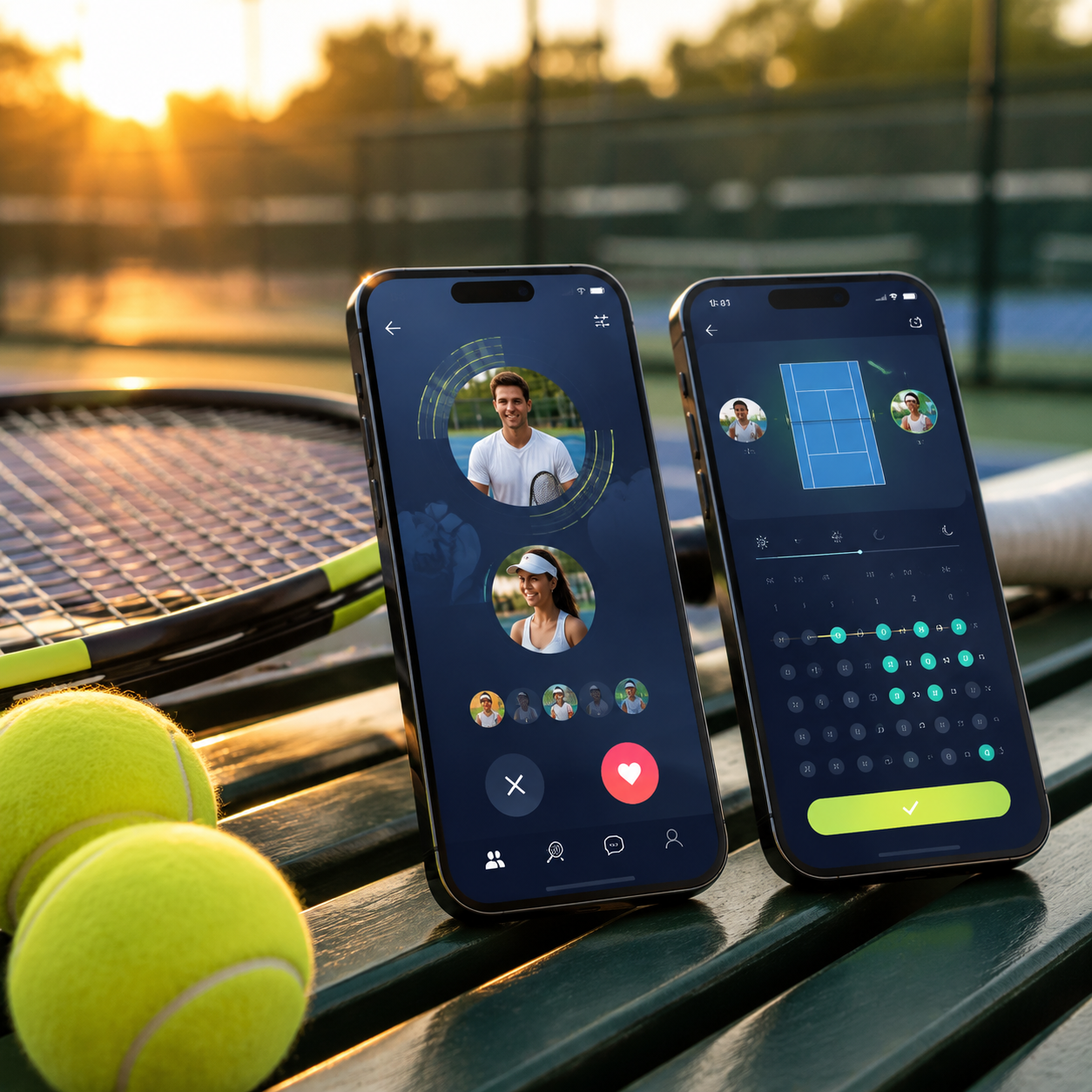 Tennis match making app displayed on two phones beside a tennis racket